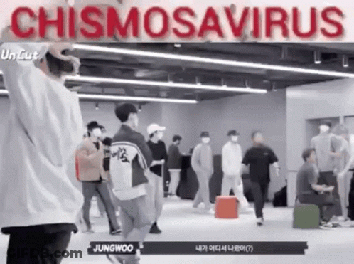 Group Of People In Room With Chismosaurus Ceiling GIF