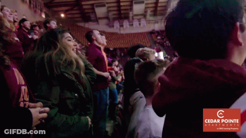 Group Of People In Stadium With Cedar Pointe Advertisement GIF