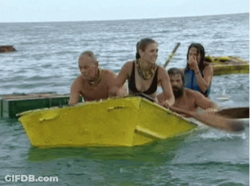 Group Of People In Yellow Boat GIF