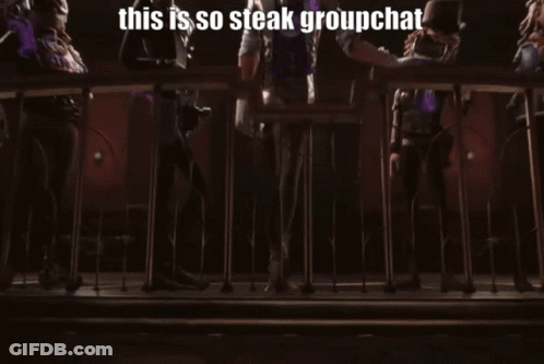 Group Of People On Balcony With Sign Saying This Is So Steak Groupchat GIF