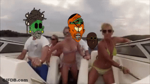 Group Of People On Boat With Cartoon Faces GIF