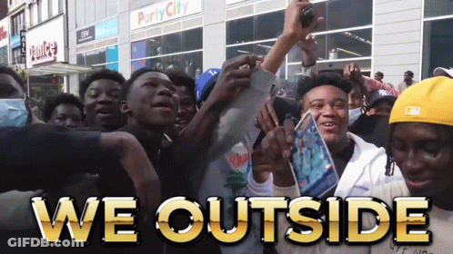 Group Of People Outside Building Saying We Outside GIF