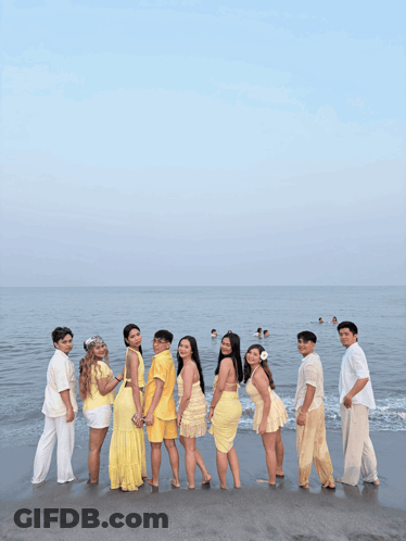 Group Of People Posing On Sandy Beach GIF