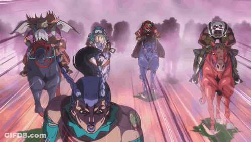 Group Of People Riding Horses Cartoon GIF