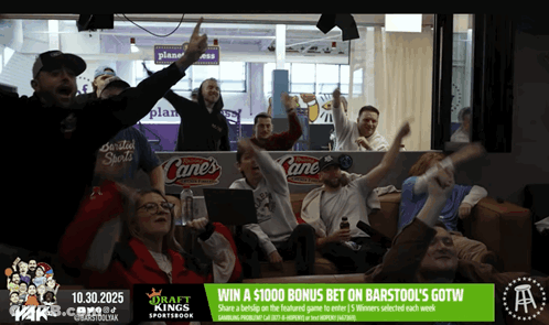 Group Of People Sitting In Front Of Cane's Sports Bar GIF