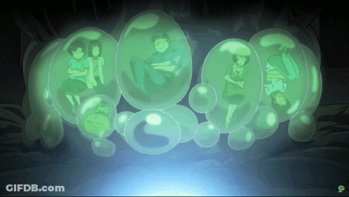 Group Of People Sitting In Green Bubbles With Letter G GIF
