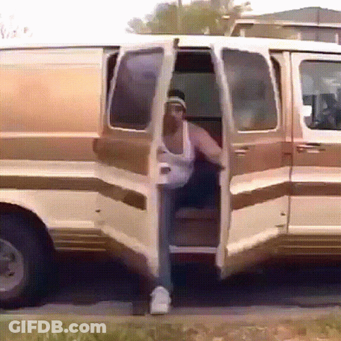 Group Of People Sitting In Van With Doors Open GIF