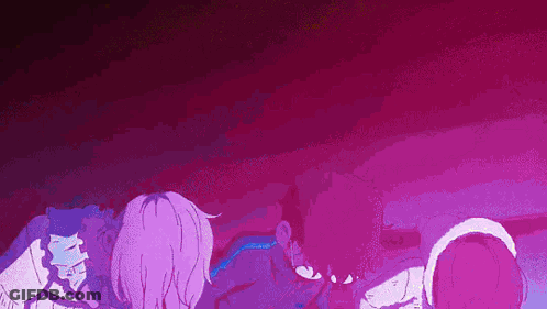 Group Of People Standing In Dark Purple Room GIF