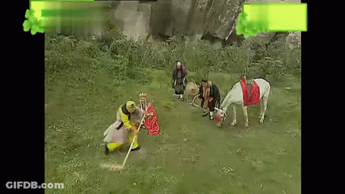 Group Of People Standing In Grassy Field With Horse GIF