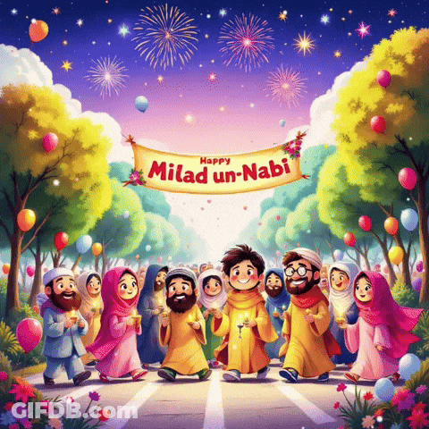 Group Of People Walking Under Banner Saying Happy Milad Un Nabi GIF