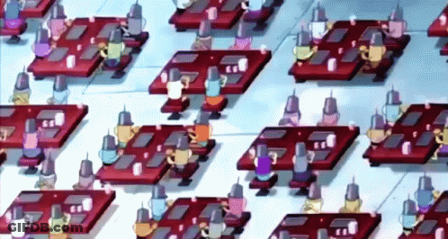 Group Of People With Cups On Heads At Tables GIF