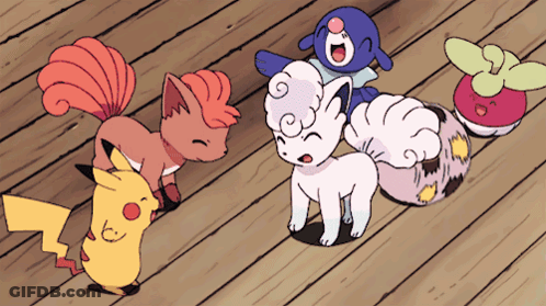 Group Of Pokemon Standing On Wooden Deck GIF