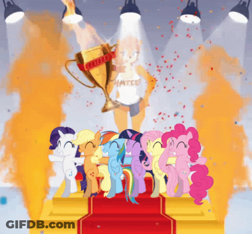 Group Of Ponies On Stage With Hooters Trophy GIF