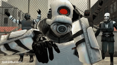 Group Of Soldiers In Front Of Fence One Wearing Gas Mask GIF