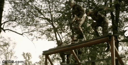 Group Of Soldiers Standing On Wooden Structure GIF