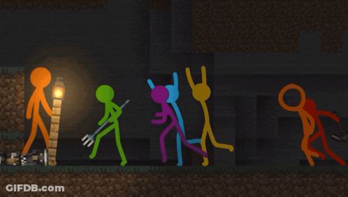 Group Of Stick Figures In Dark Cave GIF