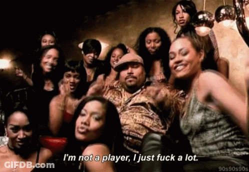 Group Of Women Around Man Saying I'm Not A Player GIF