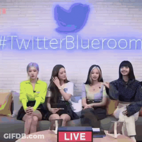 Group Of Women Sitting On Couch In Front Of Twitter Blueroom Sign GIF