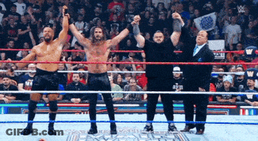 Group Of Wrestlers With Hands In The Air In Ring GIF