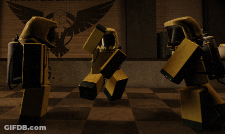 Group Of Yellow Robots By National Defense Brick Wall GIF