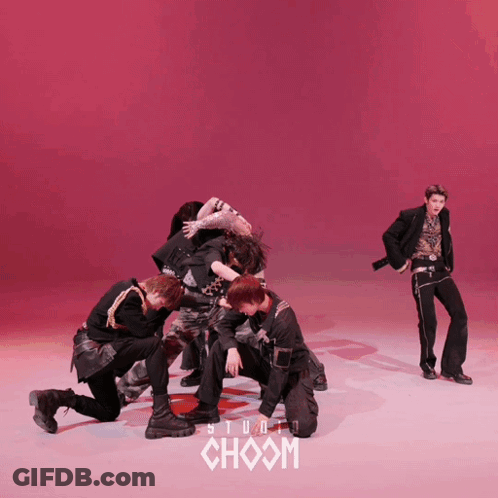 Group Of Young Men Dancing In Front Of Red Background Choom GIF