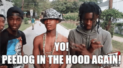 Group Of Young Men On Sidewalk, One Wearing Hat GIF