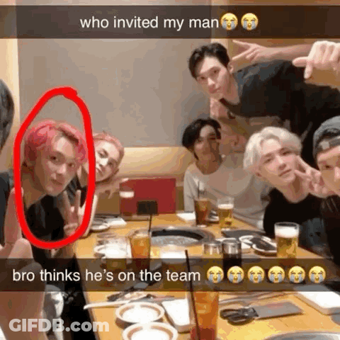 Group Of Young Men With Pink Hair At Table GIF