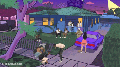 Group Outside Blue House At Night GIF