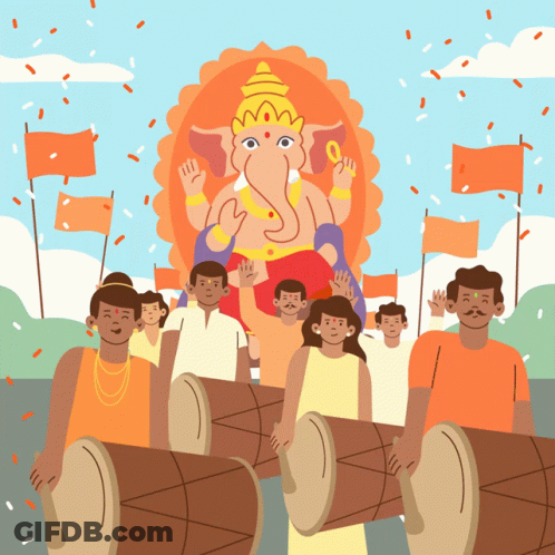 Group Playing Drums In Front Of Deity Statue GIF
