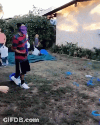 Group Playing Game In Backyard With Blindfolded Man GIF