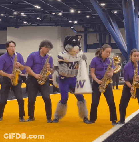 Group Playing Saxophones With Husky Mascot Holding Bag Saying W GIF
