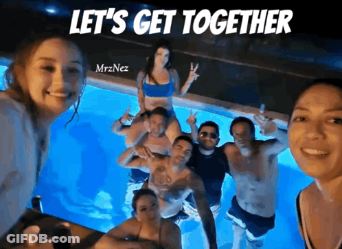 Group Posing In Pool Saying Let's Get Together GIF