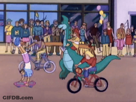 Group Riding Bikes And Skateboards In Front Of Building With Letter H GIF