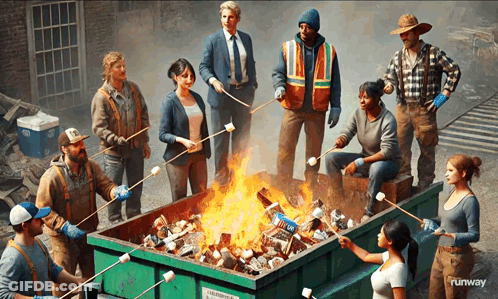 Group Roasting Marshmallows In Dumpster Saying Runway GIF