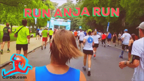 Group Running In Park Saying Run Anja Run GIF