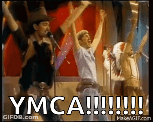 Group Singing In Front Of Red Curtain YMCA GIF