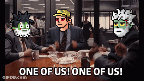 Group Sitting Around Table Saying One Of Us GIF
