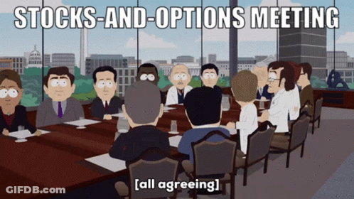 Group Sitting Around Table Stocks And Options Meeting GIF