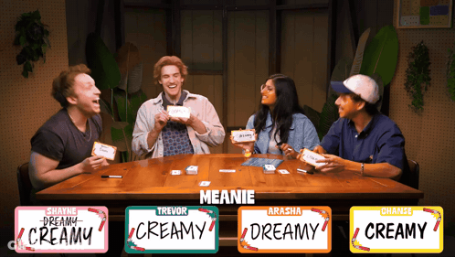 Group Sitting Around Table With Creamy Labels GIF