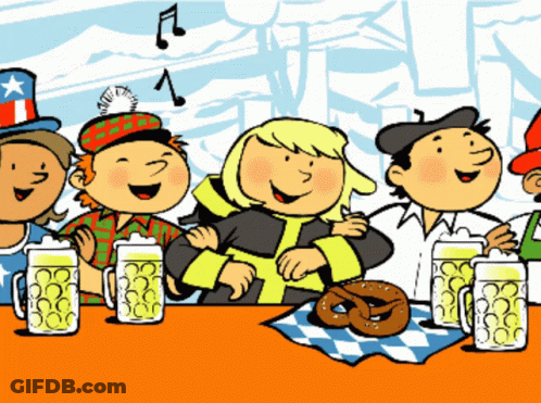 Group Sitting At Table With Beer Mugs And Pretzels GIF