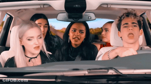 Group Sitting In Car With Rear View Mirror Letter D GIF