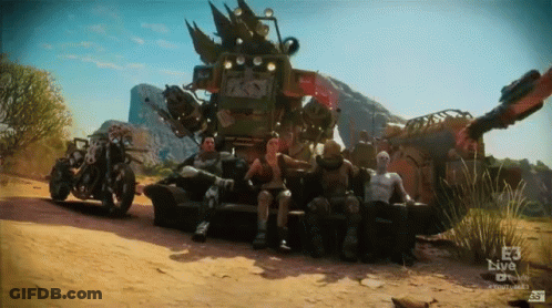 Group Sitting In Front Of E3 Live Vehicle GIF