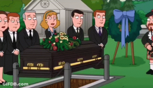 Group Standing Around Black Coffin Saying Ross GIF