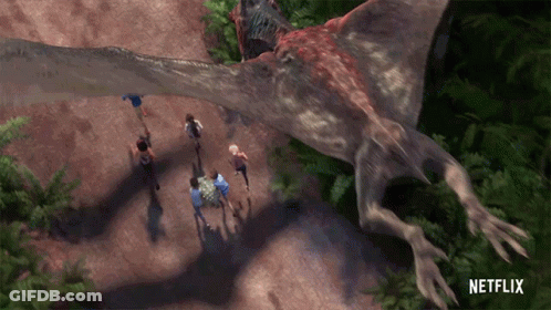 Group Standing Around Large Dinosaur Netflix GIF