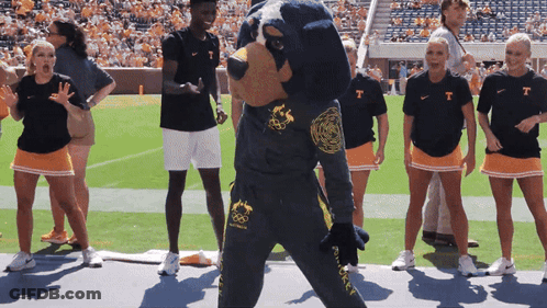 Group Standing Around Mascot In T-Shirt GIF