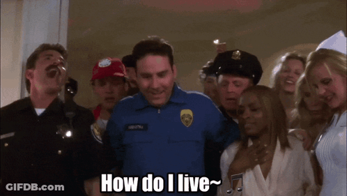 Group Standing Around Police Officer Saying How Do I Live GIF