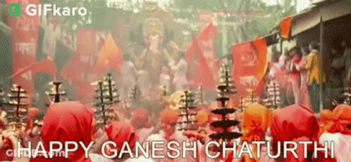 Group Standing Before Deity Statue GIF