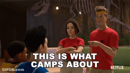 Group Standing In Front Of Dinosaur Skeleton Man Says This Is What Camps About GIF