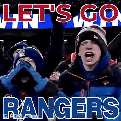 Group Standing In Front Of Let's Go Rangers Sign GIF