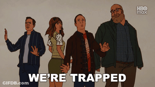 Group Standing In Front Of Trapped Sign GIF